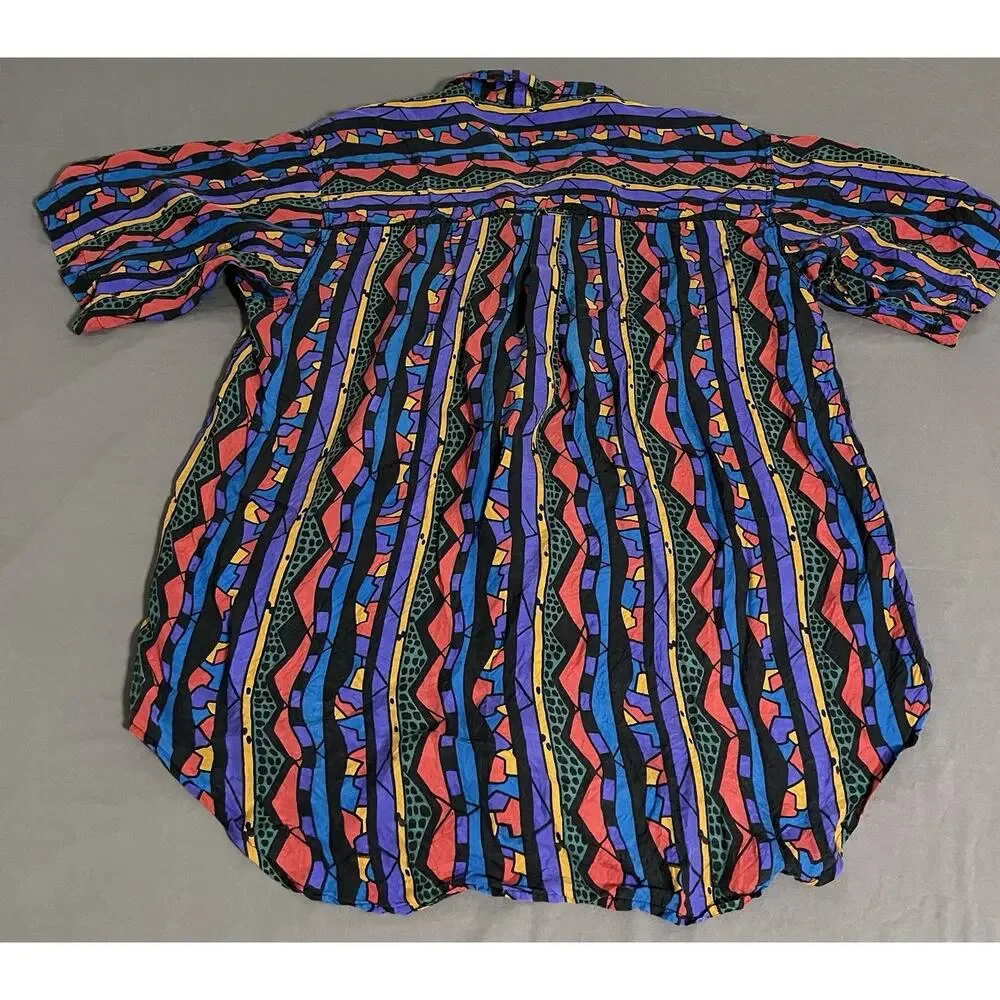 Vintage Jazzman Mens M 100% Silk Shirt Abstract Geometric 80s 90s Button Up